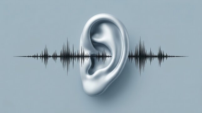 Hearing screening, cochlear implant evaluation, and auditory diagnosis represented by a stylized ear and sound waveform.