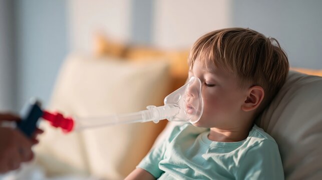 Young boy getting inhaled medication using a nebulizer mask, managing respiratory illness and asthma symptoms from home