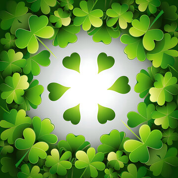 St patricks day green clover leaves frame with circular center space circular shamrock background