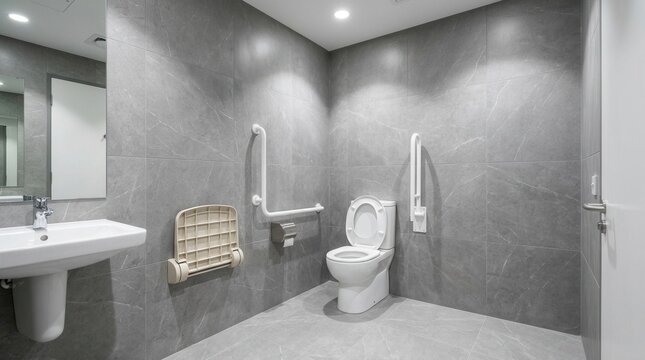 Gray tiles and grab bars in a modern accessible bathroom with large windows.