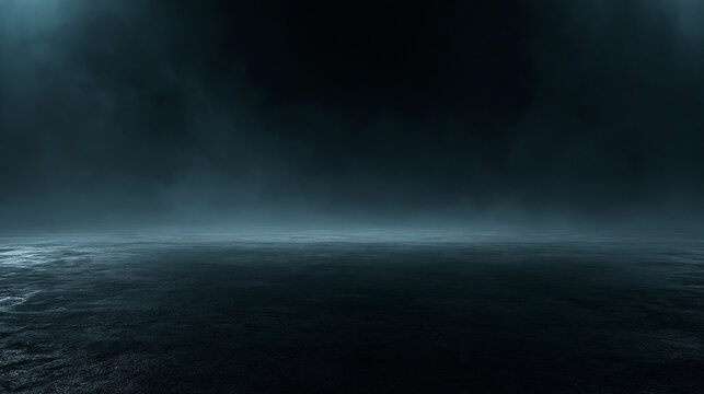 A moody dark scene with cool blue light fading into deep shadows and swirling fog. Ideal for mysterious or high-end luxury marketing materials.