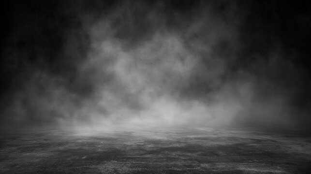 A dark empty floor covered in swirling dense smoke under dim atmospheric lighting. This background is perfect for conceptual product presentations.