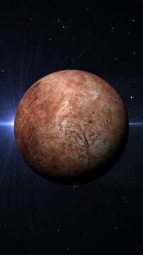 Red dwarf planet Makemake in deep space with bright star lens flare background