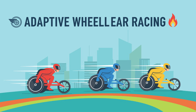 Three paralympic athletes competing in high speed adaptive wheelchair racing on a city skyline track in a flat design illustration.