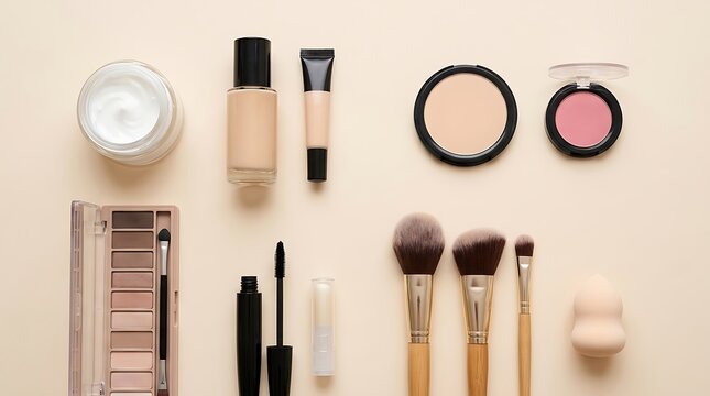 Set of professional makeup products including foundation concealer eyeshadow brushes and mascara for beauty. beginner makeup guide