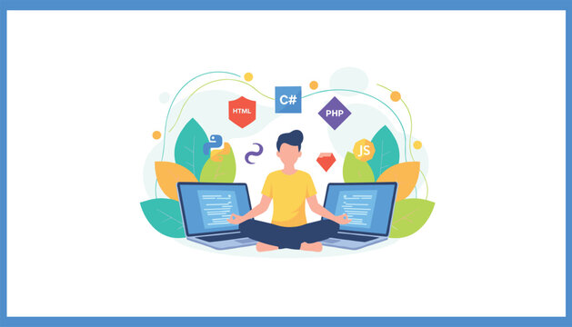 Calm web developer meditating in lotus pose between two laptops surrounded by colorful programming language icons in flat vector style.
