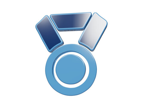 Blue metallic sports medal icon with ribbon for athletic achievement and victory awards.
