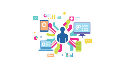Fototapeta premium Omnichannel customer engagement concept showing integrated digital devices and business data analytics.