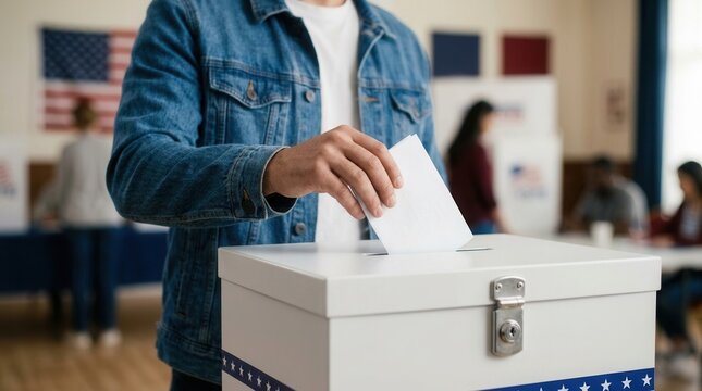 Citizen voting in a polling station, demonstrating civic duty and participation in the political process.