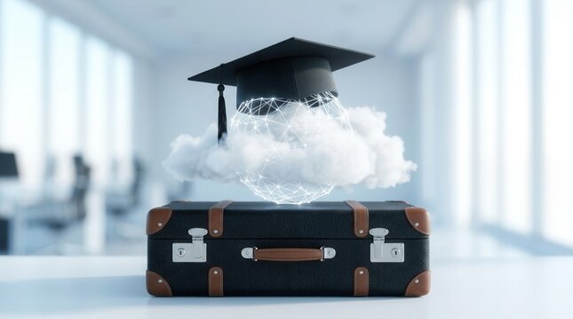 A graduation cap on a suitcase with a network globe, representing an online business degree and remote class study from any place.
