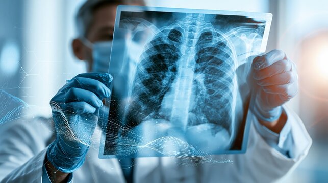 Medical professional holding a radiograph, analyzing patient lungs with integrated technology, ensuring precise healthcare