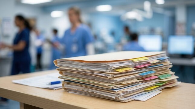 Professional medical setting featuring detailed close-up stacks of patient care documentation, folders, and charts.