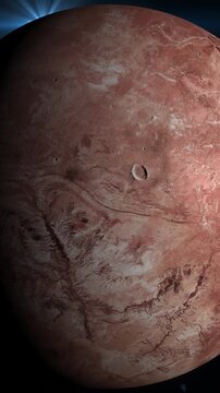 Red dwarf planet Makemake in deep space with cratered surface and distant sun flare