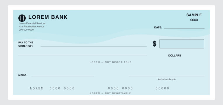 Bank Check Template Design with Light Blue Financial Document Layout, Payee Fields, Amount Box, Signature Area and Minimal Professional Banking Form

