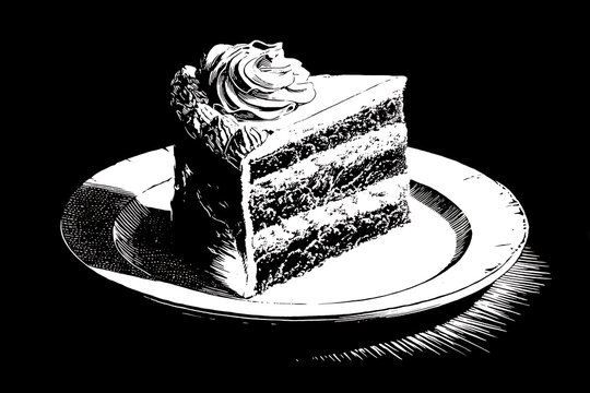 Chocolate cake slice on a plate black and white woodcut style illustration
