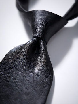 Black necktie with textured weave knotted and photographed against a white background