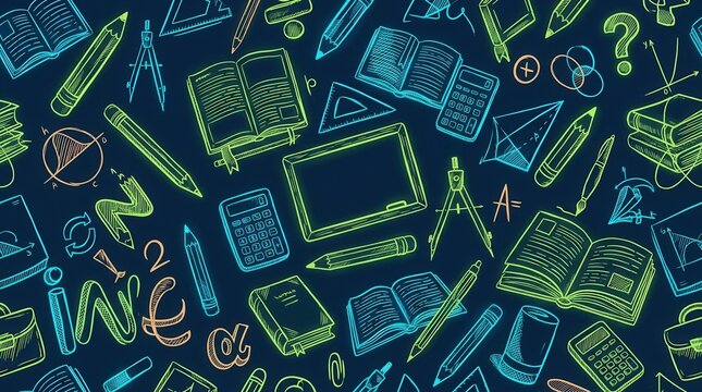 Dark blue background featuring a colorful doodle pattern of education elements.
