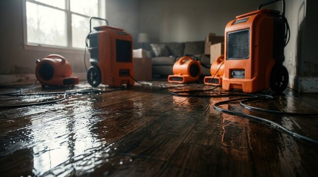 Flood restoration and water damage repair in a room with standing water on wooden flooring and dehumidifier equipment.