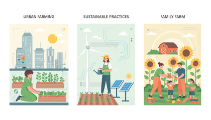 Fototapeta premium Conceptual poster trilogy highlighting urban farming, sustainable agricultural practices, and traditional family farming methods.