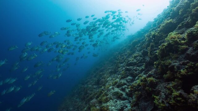 Underwater shot of huge school of Saildin Snapper swimming down a deep tropical reef in Peleliu, Palau