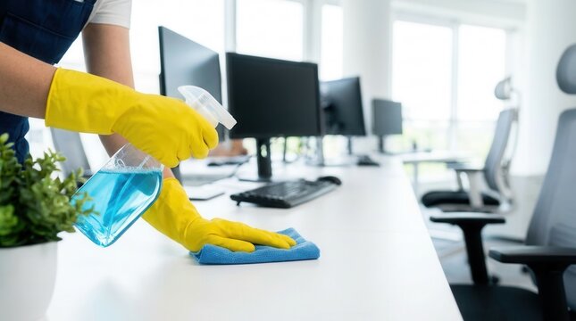 Facility maintenance showing a gloved janitor spraying disinfectant on an office desk, keyboard, and monitor.