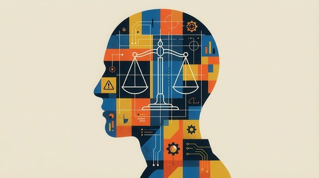 Balance scale within an abstract human head representing ethical control, accountability, justice, and ai governance of artificial intelligence.
