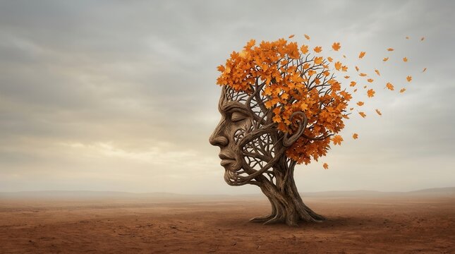 Autumn leaves dispersing from a symbolic tree shaped like a human head