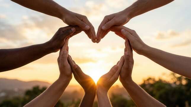 A bright sunset sky background with diverse hands forming a heart shape symbol of love and unity