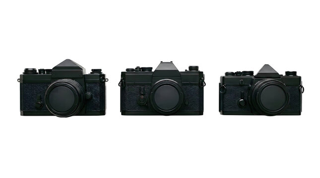 Three black vintage film cameras with lenses offer classic photography for enthusiasts.
