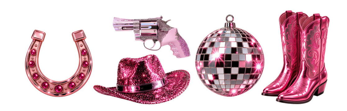 Pink disco cowgirl collection with cowboy boots hat horseshoe and mirror ball