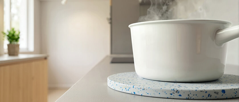 Steaming white saucepan on a speckled blue recycled plastic trivet. Hot cooking pot on a kitchen countertop. Sustainable kitchenware concept