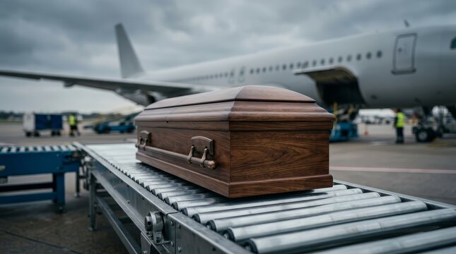 Solemn scene of a wooden casket resting on airport cargo equipment ready for flight.