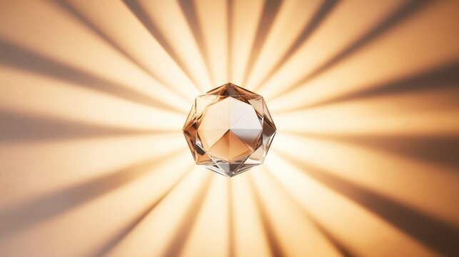 A faceted glass prism sits centered, radiating beams of champagne gold light. Elegant reflections and soft focus create a dreamy, premium feel for product photography.