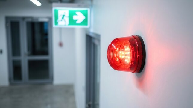 Industrial warning alert system in a hallway featuring a red emergency alarm beacon and a green exit sign.