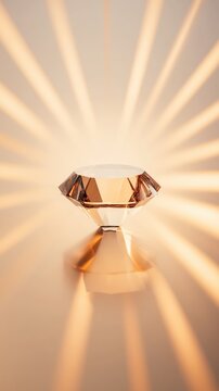 A faceted glass prism radiates warm champagne sunlight in a symmetrical, minimal composition. Dreamy, elegant reflections enhance this luxurious product photography.