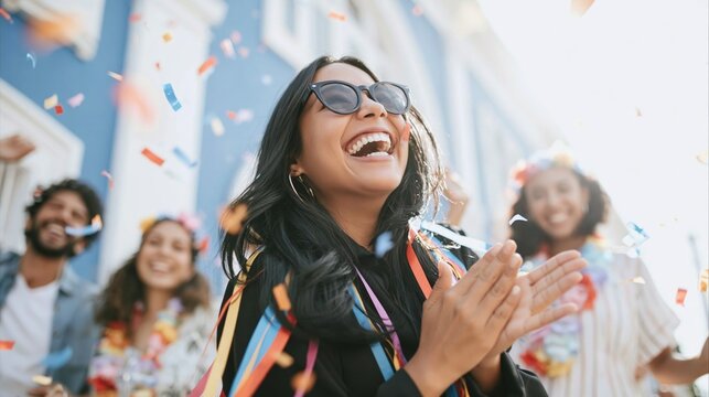 Young woman celebrating carnival outdoors, laughing and clapping, surrounded by diverse friends and falling confetti
