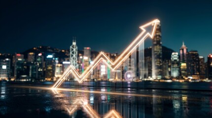 Obraz premium Nighttime city skyline featuring a luminous upward trend arrow symbolizing economic progress.