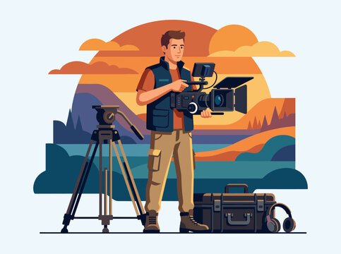 Vector Flat Design Illustration of cameraman operating professional video equipment outdoor