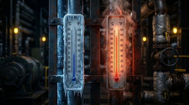 Extreme temperature contrast with a frozen thermometer and a hot thermometer in a factory.