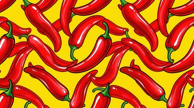 Vibrant pop art illustration featuring a red chili peppers repeating pattern on a yellow background