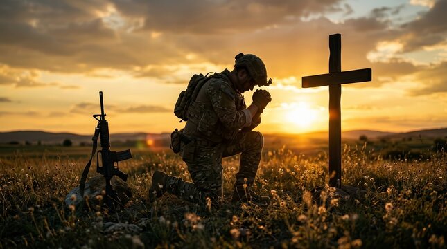 A soldier in camouflage kneels in prayer by a rifle and a cross at dusk.