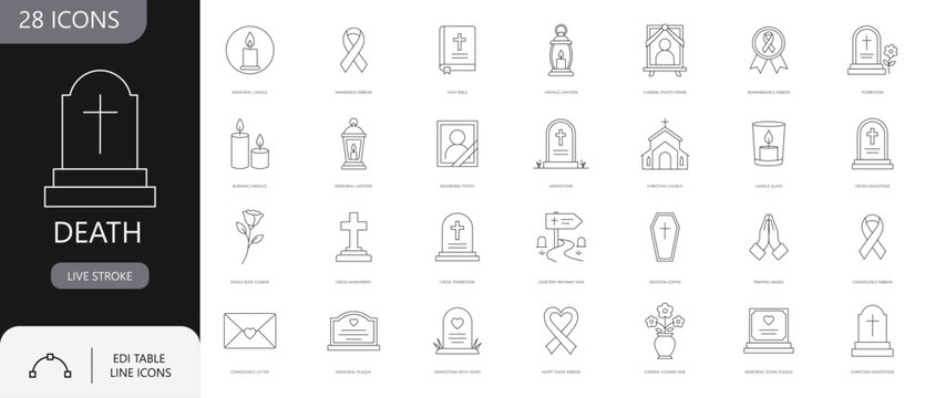 Funeral Services and Memorial Line Icons Set, Vector Illustration