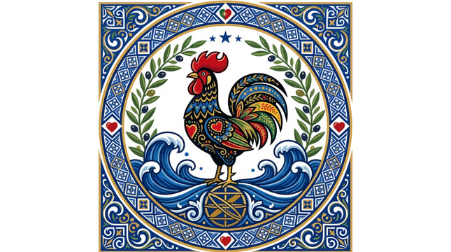 Colorful Rooster with Ornate Decorative Border