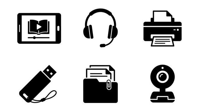 Technology Icons Collection: A compilation of six essential technology-related icons, including a tablet displaying an e-learning interface, headphones with a microphone, a printer. Generative AI.