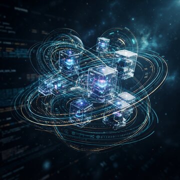 Abstract visualization of data processing with glowing digital cubes linked by neon light orbits in a deep blue dark cyberspace environment with binary background.