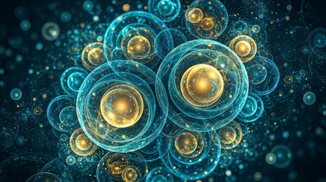 A vibrant pattern of blue fractal circles with luminous yellow bubbles.