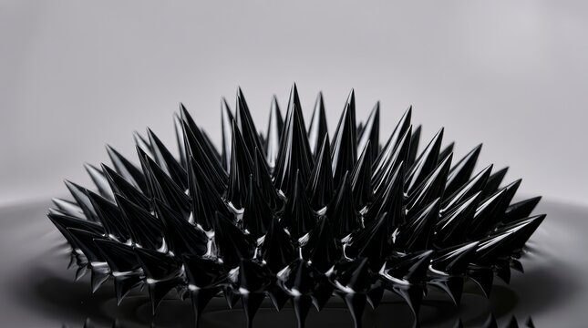 Black ferrofluid displaying sharp spikes and intricate magnetic patterns.