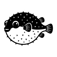 Black and white of a cute pufferfish with large eyes and spikes, isolated on a white background, style sea creature © mukul