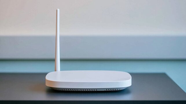 White wireless router on dark tabletop providing internet connectivity and network access for modern digital life