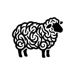 Black and white stylized of a sheep with a curly wool pattern, standing in profile on a clean white background, style © mukul